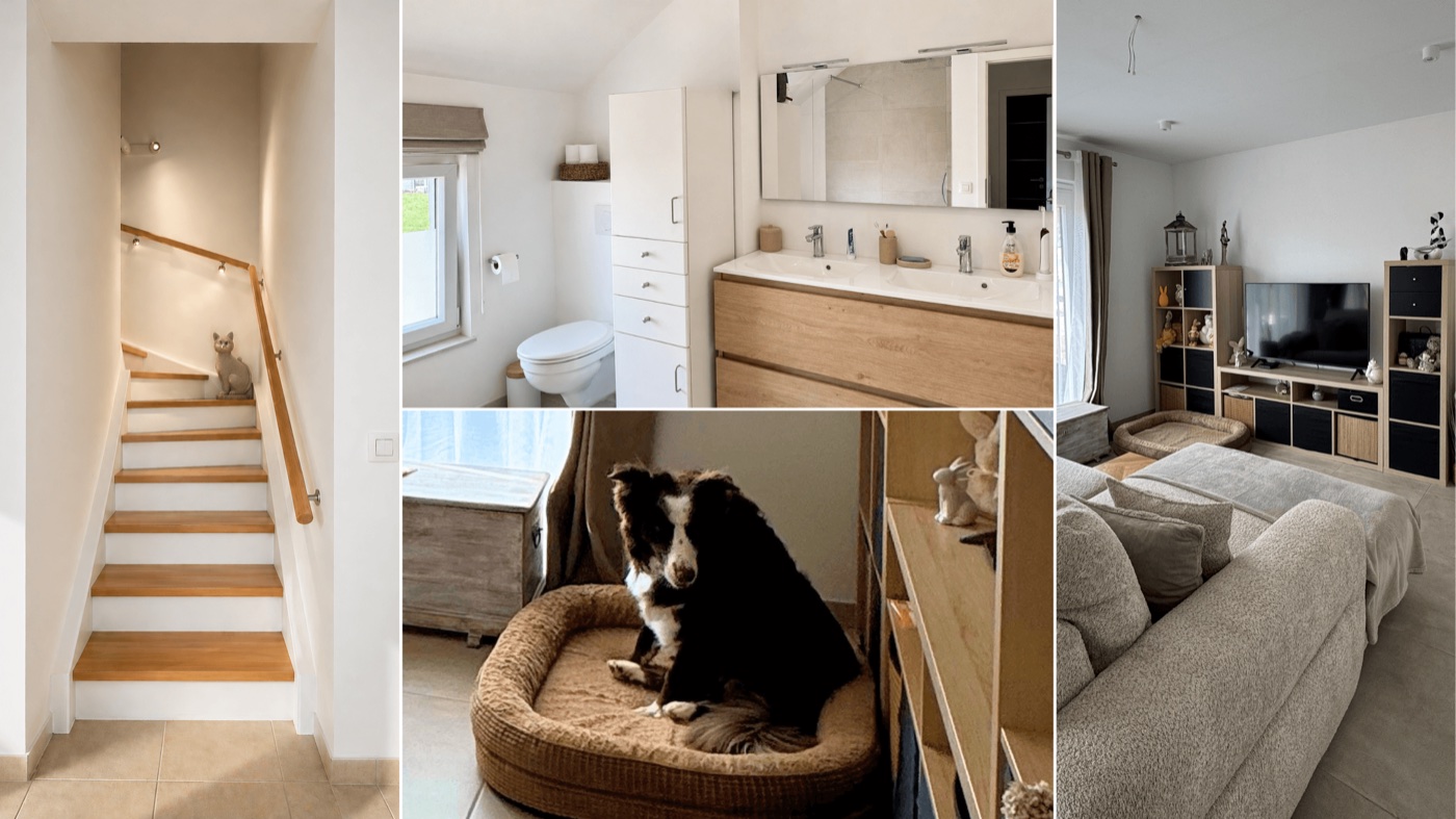 Intérieur de la maison : escalier, salle de bains à deux vasques, salon avec le chien dans son panier